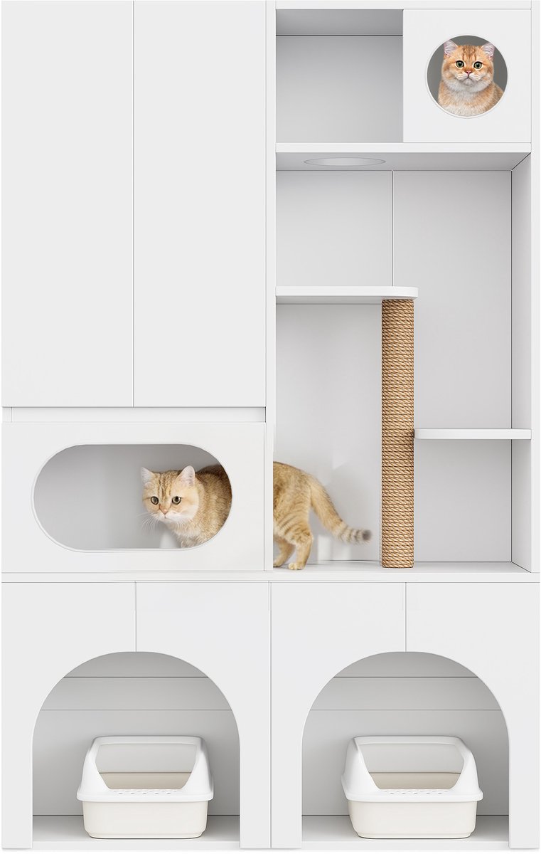 Miniatuur van productfoto 2 van OKWISH Kattenbakcontainer – Voor 2 Kattenbakken – Met Krabpaal En Opbergkast – Voor Katten En Honden – MDF Wit – 140 x 45 x 195 cm