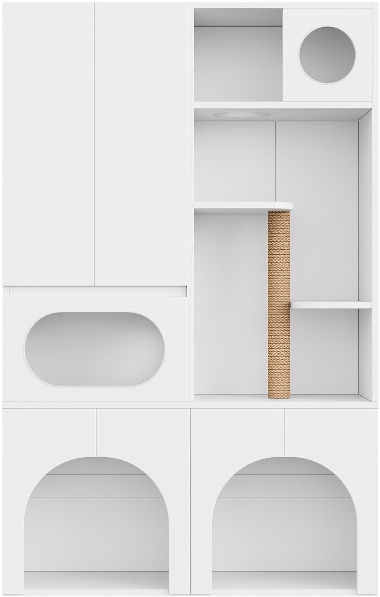 Miniatuur van productfoto 3 van OKWISH Kattenbakcontainer – Voor 2 Kattenbakken – Met Krabpaal En Opbergkast – Voor Katten En Honden – MDF Wit – 140 x 45 x 195 cm