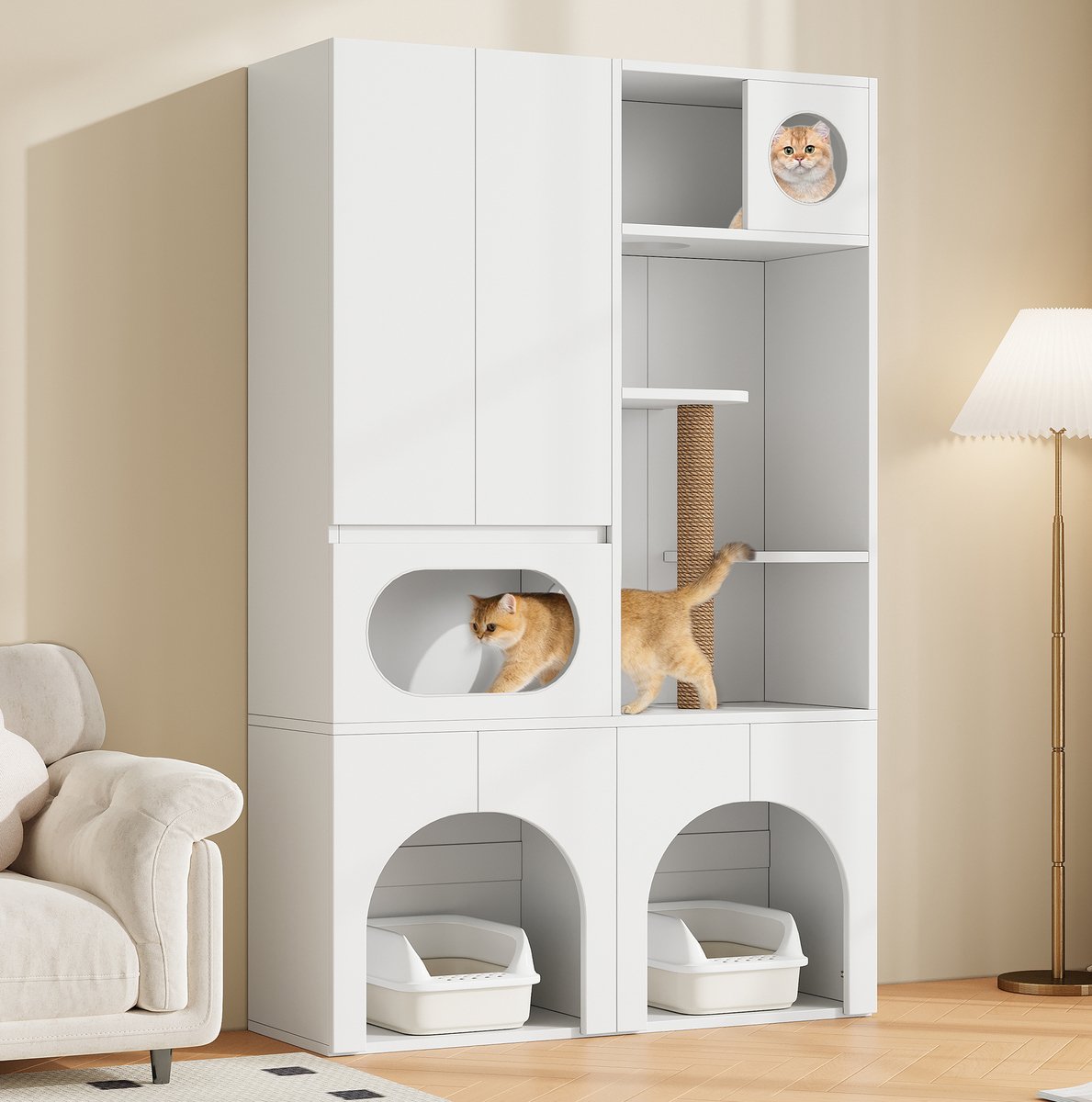 Miniatuur van productfoto 4 van OKWISH Kattenbakcontainer – Voor 2 Kattenbakken – Met Krabpaal En Opbergkast – Voor Katten En Honden – MDF Wit – 140 x 45 x 195 cm