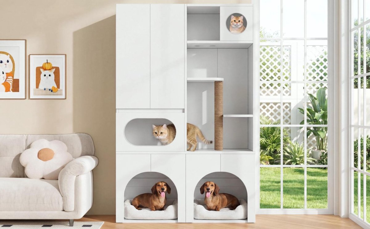 Miniatuur van productfoto 6 van OKWISH Kattenbakcontainer – Voor 2 Kattenbakken – Met Krabpaal En Opbergkast – Voor Katten En Honden – MDF Wit – 140 x 45 x 195 cm