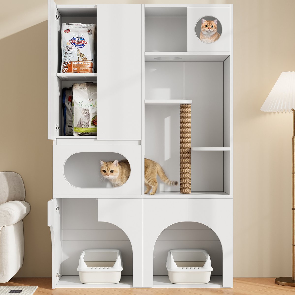 Miniatuur van productfoto 7 van OKWISH Kattenbakcontainer – Voor 2 Kattenbakken – Met Krabpaal En Opbergkast – Voor Katten En Honden – MDF Wit – 140 x 45 x 195 cm
