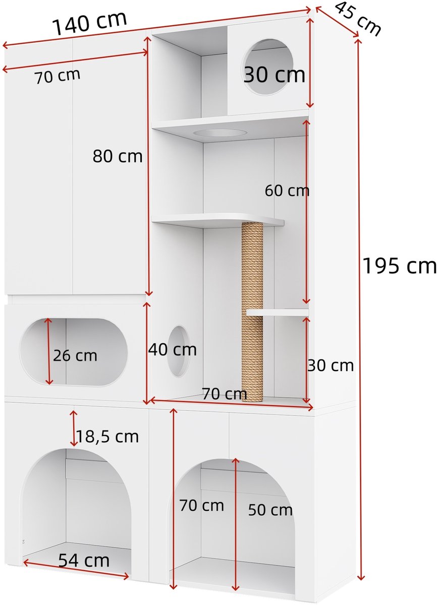 Miniatuur van productfoto 8 van OKWISH Kattenbakcontainer – Voor 2 Kattenbakken – Met Krabpaal En Opbergkast – Voor Katten En Honden – MDF Wit – 140 x 45 x 195 cm