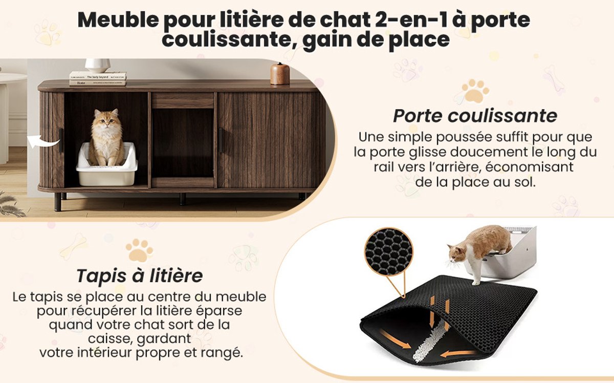 Productfoto 1 van STILVORA Kattenbakcontainer - Kattenbakkast Met Schuifdeuren En Dubbel Opbergvak - Voor Twee Kattenbakken - MDF - 140x50x60 Cm - Walnoot