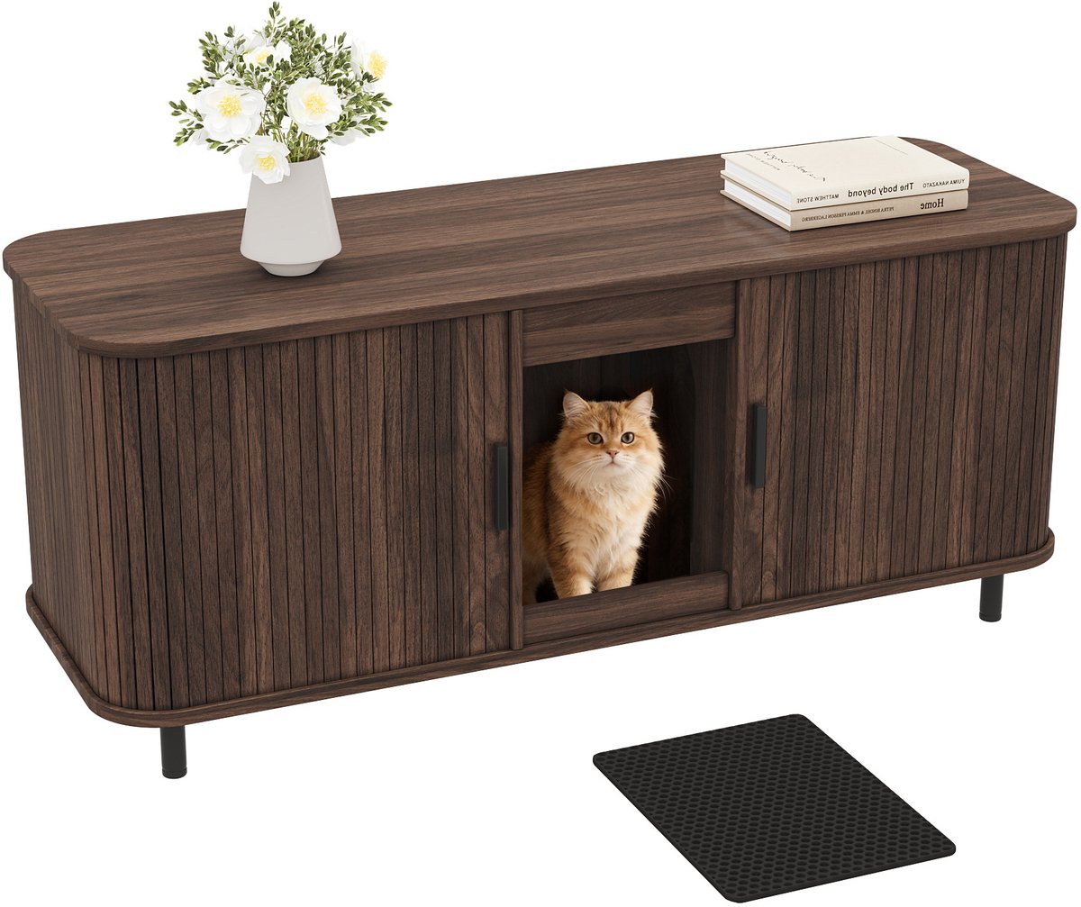 Miniatuur van productfoto 3 van STILVORA Kattenbakcontainer - Kattenbakkast Met Schuifdeuren En Dubbel Opbergvak - Voor Twee Kattenbakken - MDF - 140x50x60 Cm - Walnoot