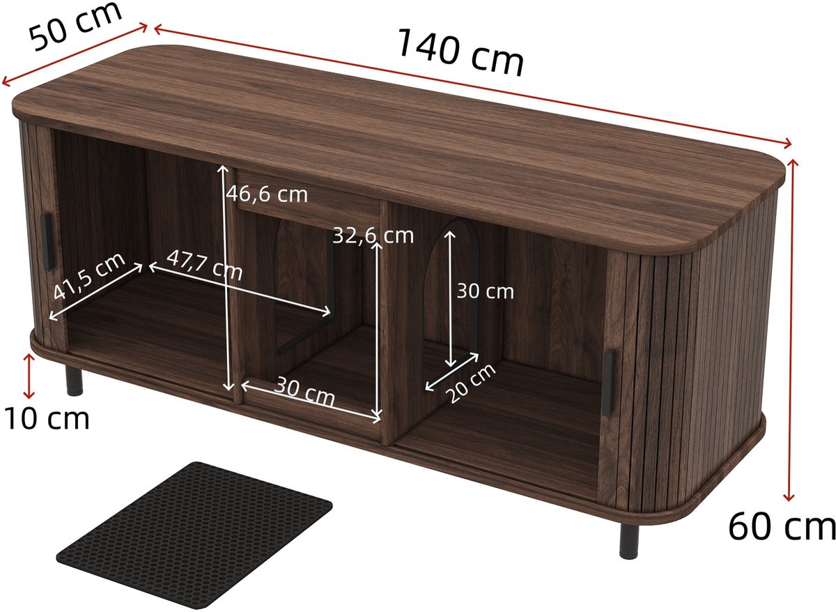 Miniatuur van productfoto 4 van STILVORA Kattenbakcontainer - Kattenbakkast Met Schuifdeuren En Dubbel Opbergvak - Voor Twee Kattenbakken - MDF - 140x50x60 Cm - Walnoot