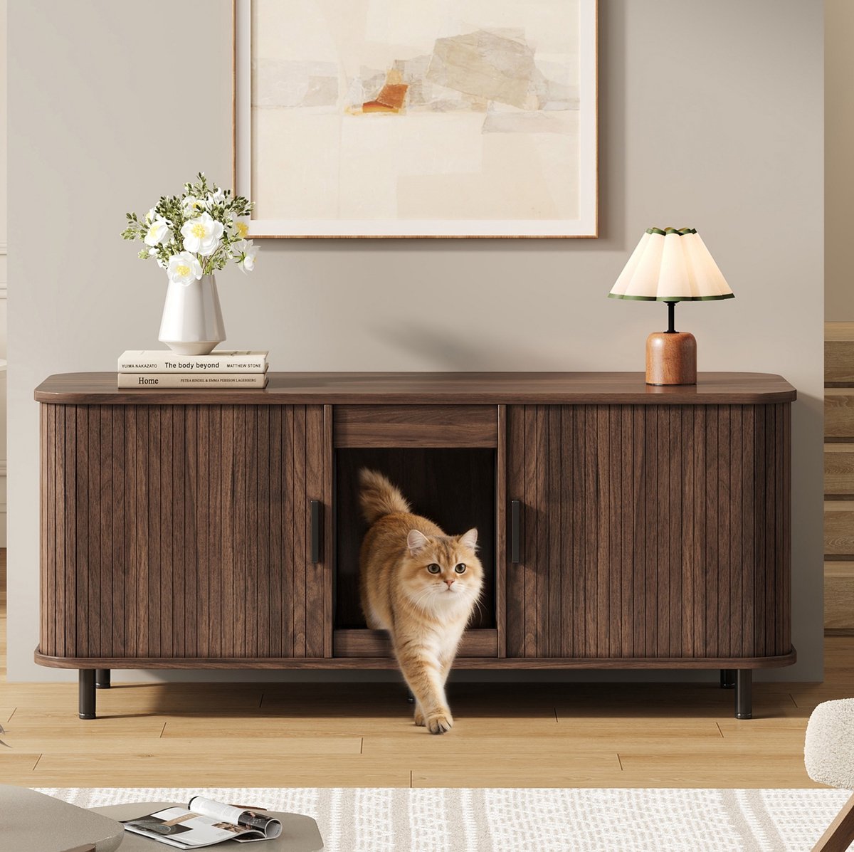Miniatuur van productfoto 5 van STILVORA Kattenbakcontainer - Kattenbakkast Met Schuifdeuren En Dubbel Opbergvak - Voor Twee Kattenbakken - MDF - 140x50x60 Cm - Walnoot