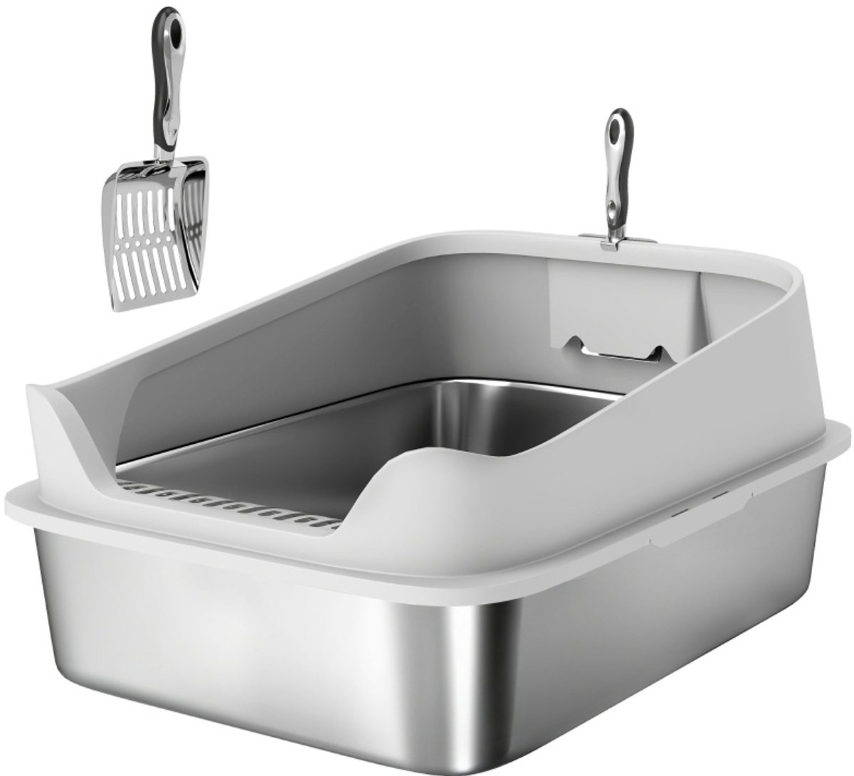 Miniatuur van productfoto 2 van REDOM - Kattenbak - Open kattenbak met hoge rand en zeef - Met RVS schep - XXL - Voor grote katten tot 12 kg - RVS - Grijs - 69,8 x 50,3 x 29,8 cm