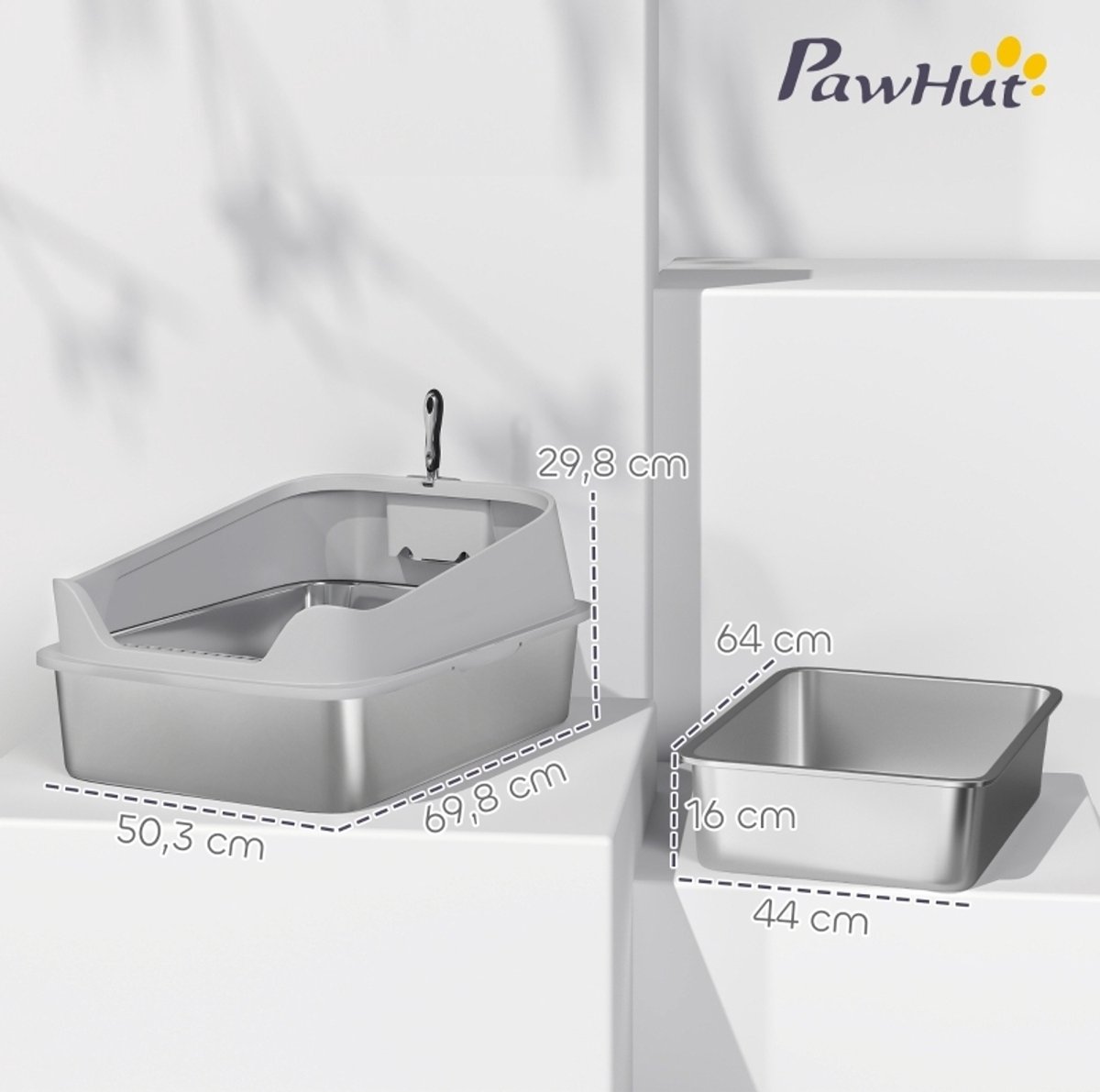 Miniatuur van productfoto 3 van REDOM - Kattenbak - Open kattenbak met hoge rand en zeef - Met RVS schep - XXL - Voor grote katten tot 12 kg - RVS - Grijs - 69,8 x 50,3 x 29,8 cm