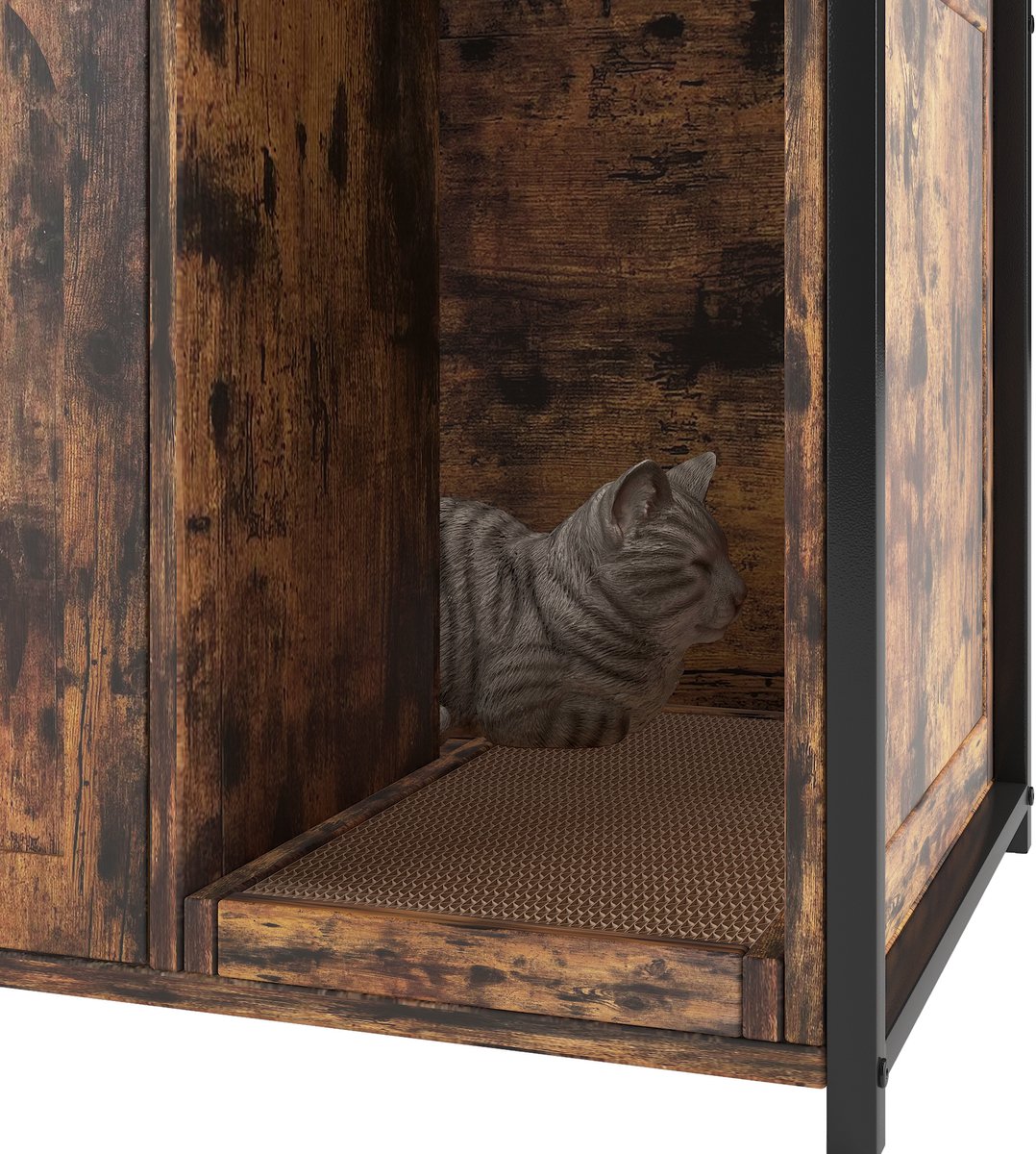 Miniatuur van productfoto 2 van Kattenbakcontainer Met Opbergplank En 2 Deuren – Houtlook Bruin – Metaal En MDF – Voor Binnengebruik En Geurcontrole Met Krabpad
