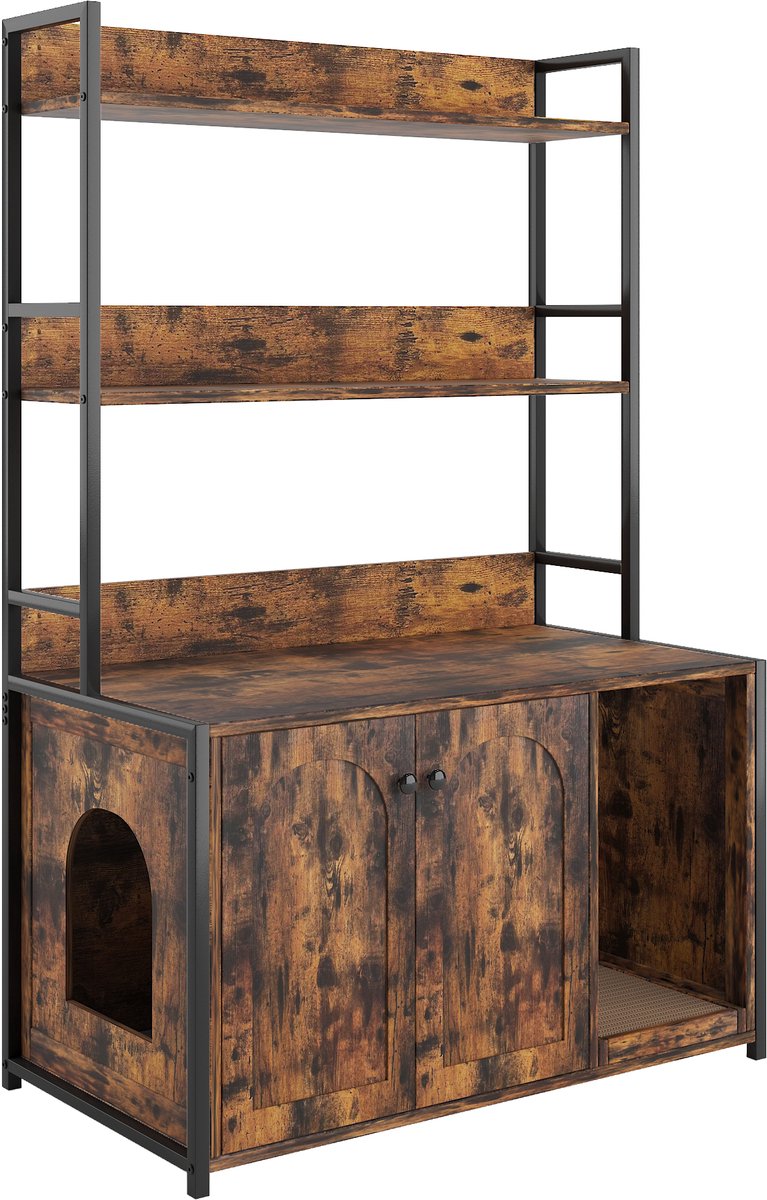Miniatuur van productfoto 3 van Kattenbakcontainer Met Opbergplank En 2 Deuren – Houtlook Bruin – Metaal En MDF – Voor Binnengebruik En Geurcontrole Met Krabpad
