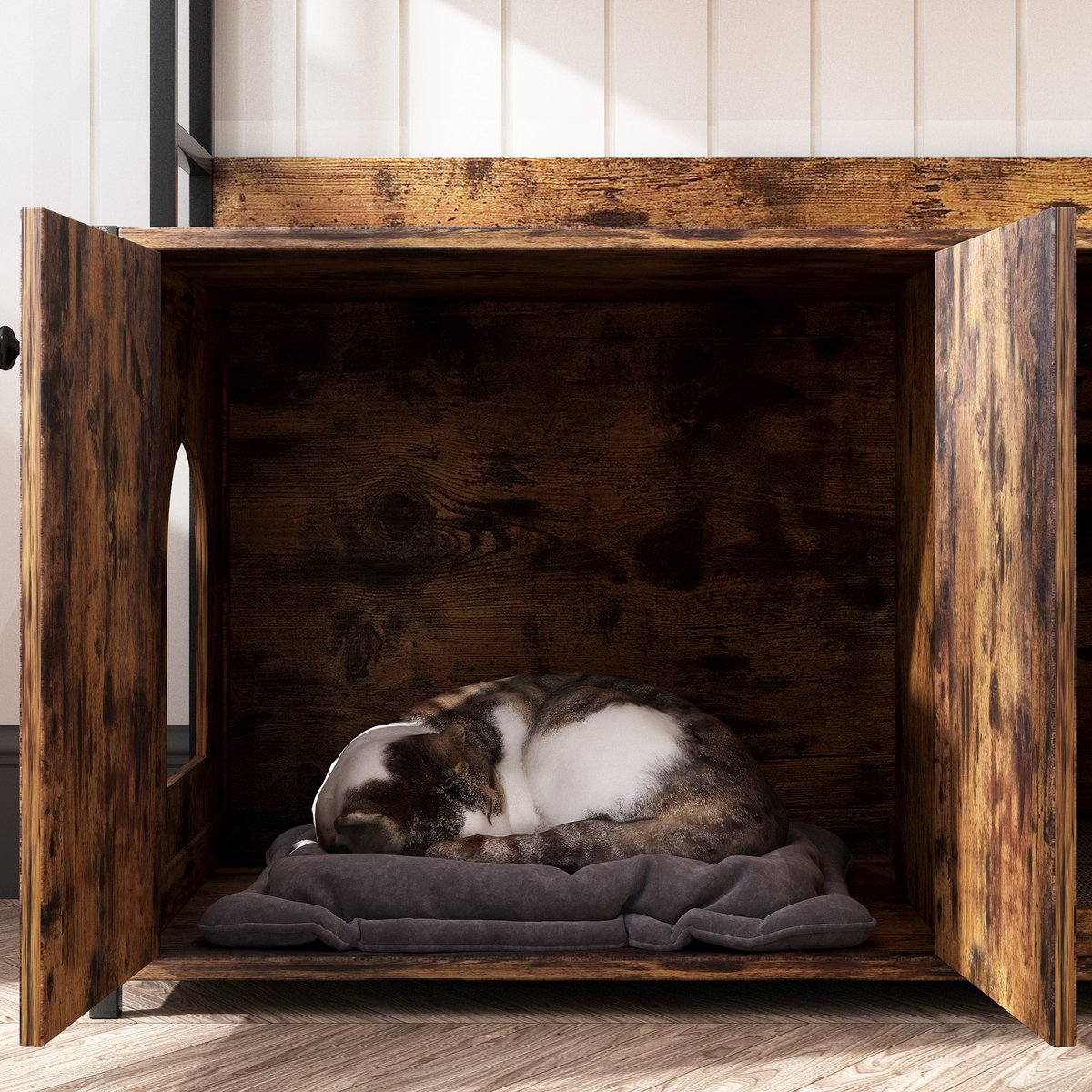 Miniatuur van productfoto 5 van Kattenbakcontainer Met Opbergplank En 2 Deuren – Houtlook Bruin – Metaal En MDF – Voor Binnengebruik En Geurcontrole Met Krabpad