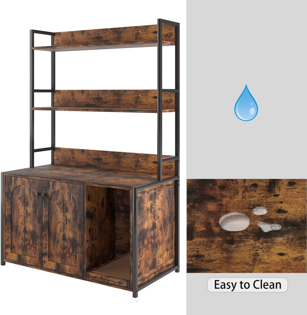 Miniatuur van productfoto 6 van Kattenbakcontainer Met Opbergplank En 2 Deuren – Houtlook Bruin – Metaal En MDF – Voor Binnengebruik En Geurcontrole Met Krabpad