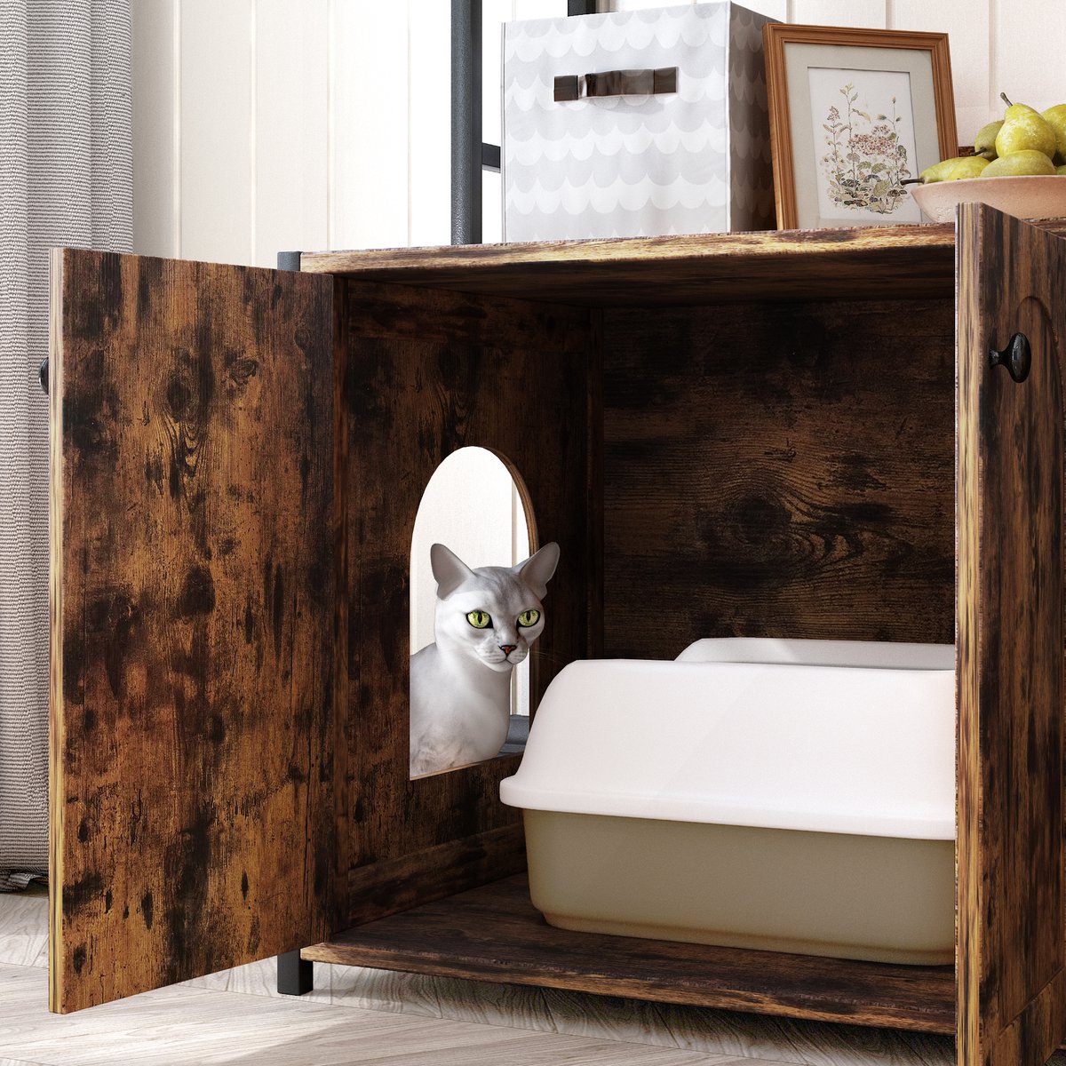 Miniatuur van productfoto 7 van Kattenbakcontainer Met Opbergplank En 2 Deuren – Houtlook Bruin – Metaal En MDF – Voor Binnengebruik En Geurcontrole Met Krabpad