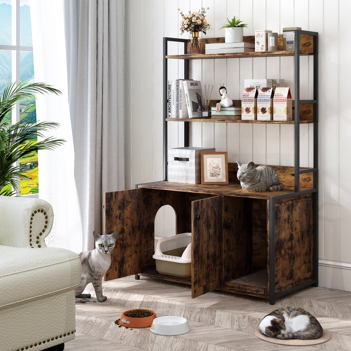 Miniatuur van productfoto 9 van Kattenbakcontainer Met Opbergplank En 2 Deuren – Houtlook Bruin – Metaal En MDF – Voor Binnengebruik En Geurcontrole Met Krabpad