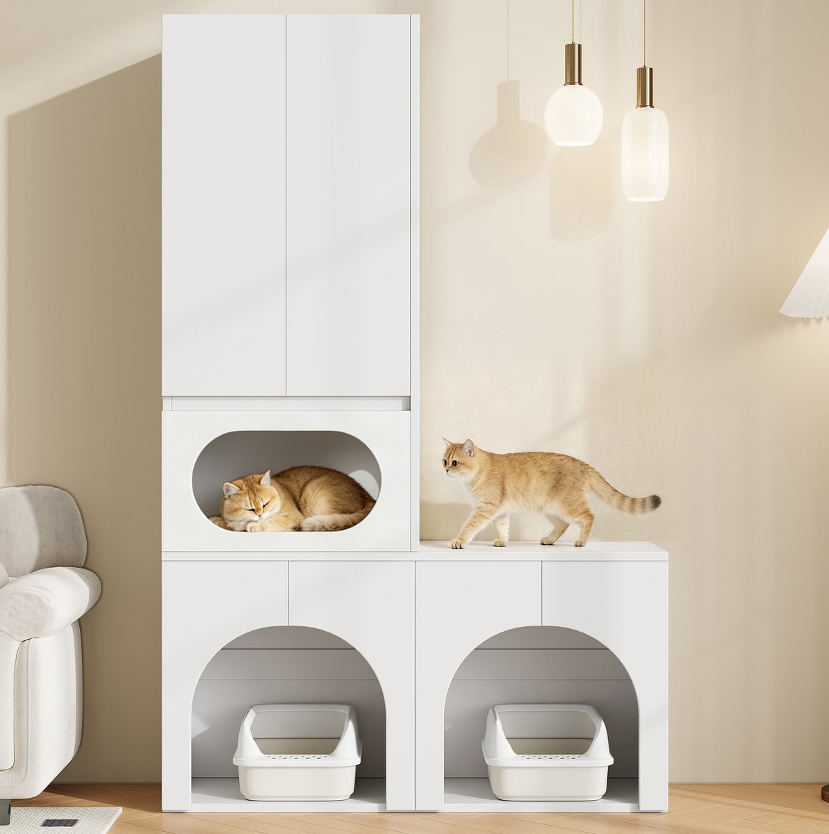 Miniatuur van productfoto 2 van FloraGrace Kattenbakcontainer - Gesloten Kast Voor 2 Kattenbakken Met Rustruimte En Opbergruimte - Voor Katten En Honden - MDF - 140x45x195 Cm - Wit