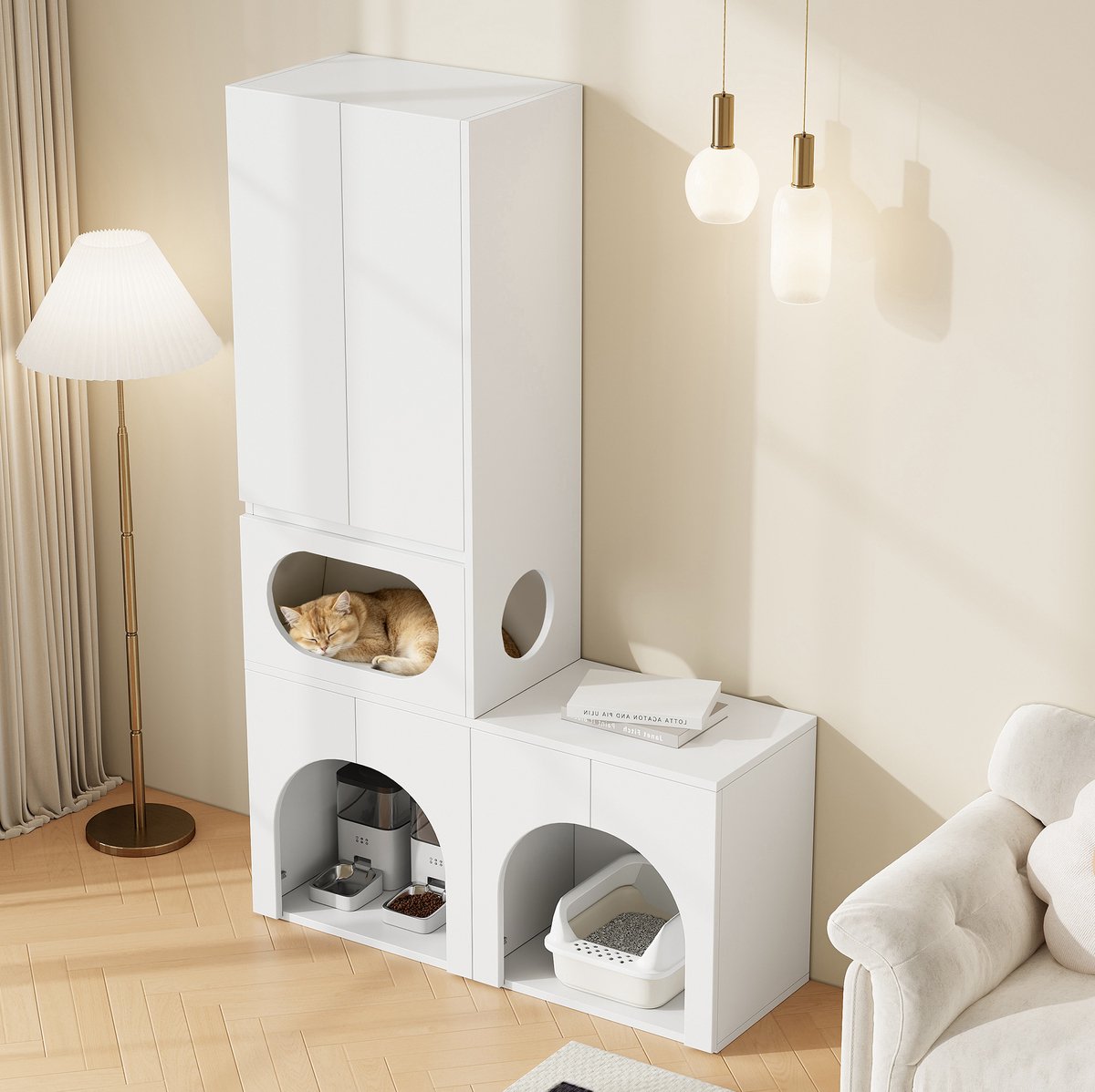 Miniatuur van productfoto 3 van FloraGrace Kattenbakcontainer - Gesloten Kast Voor 2 Kattenbakken Met Rustruimte En Opbergruimte - Voor Katten En Honden - MDF - 140x45x195 Cm - Wit