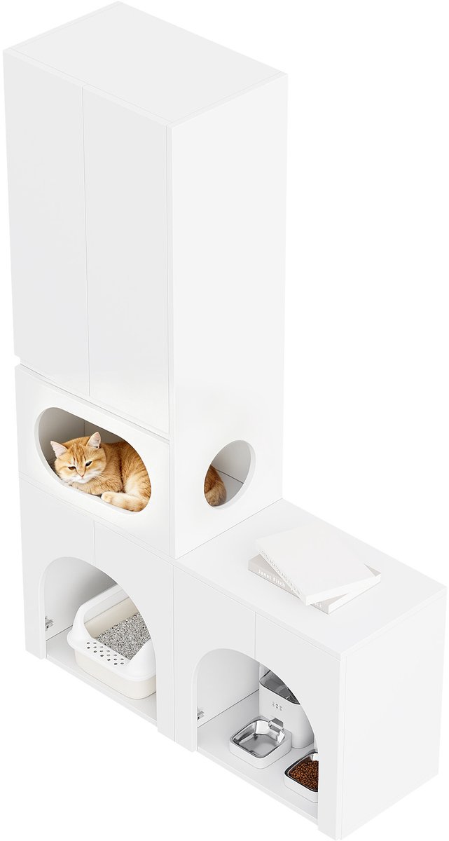 Miniatuur van productfoto 5 van FloraGrace Kattenbakcontainer - Gesloten Kast Voor 2 Kattenbakken Met Rustruimte En Opbergruimte - Voor Katten En Honden - MDF - 140x45x195 Cm - Wit