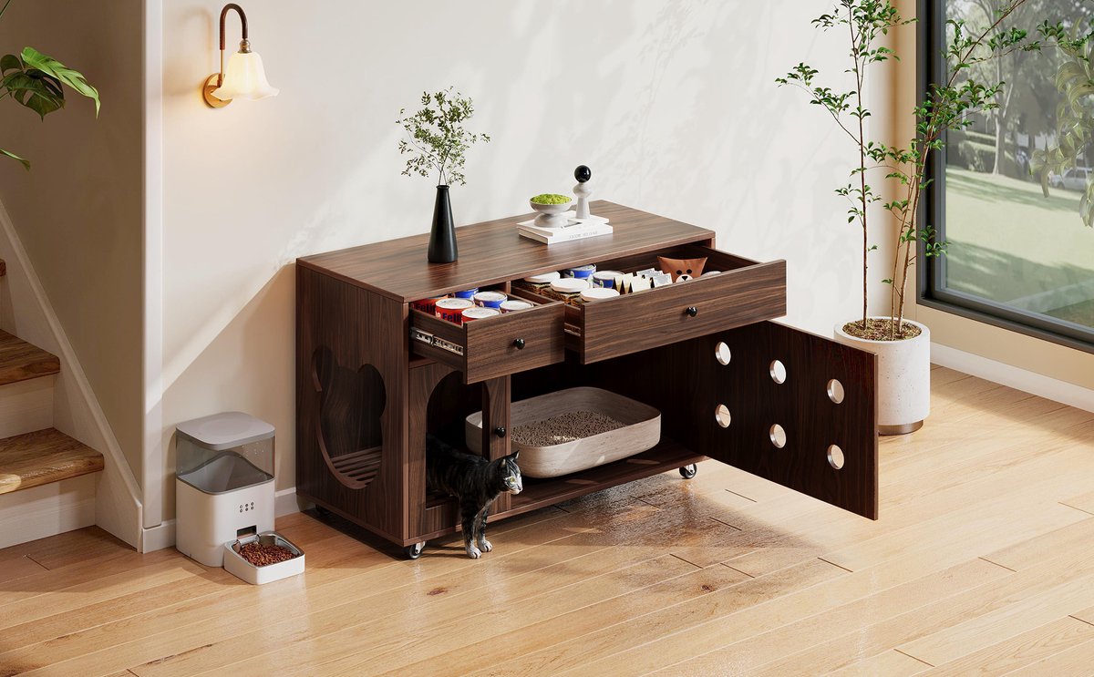 Productfoto 1 van MODENUIT Kattenbakcontainer – 100 x 45 x 66 cm – Walnootkleur – Met Laden, Wieltjes en Ventilatie