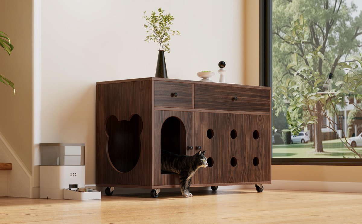 Miniatuur van productfoto 2 van MODENUIT Kattenbakcontainer – 100 x 45 x 66 cm – Walnootkleur – Met Laden, Wieltjes en Ventilatie