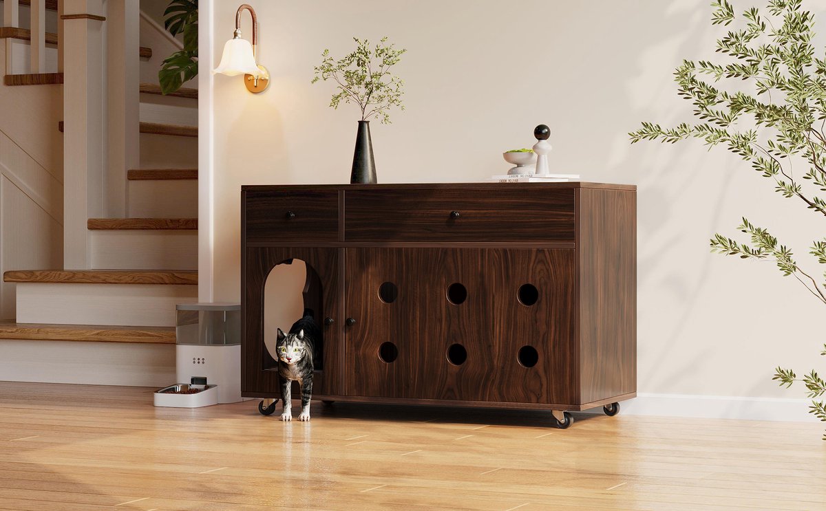 Miniatuur van productfoto 4 van MODENUIT Kattenbakcontainer – 100 x 45 x 66 cm – Walnootkleur – Met Laden, Wieltjes en Ventilatie
