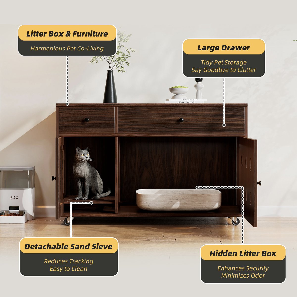 Miniatuur van productfoto 5 van MODENUIT Kattenbakcontainer – 100 x 45 x 66 cm – Walnootkleur – Met Laden, Wieltjes en Ventilatie