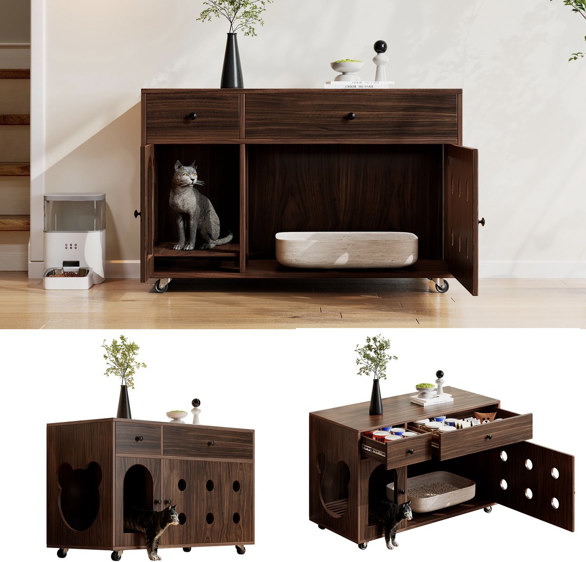 Miniatuur van productfoto 6 van MODENUIT Kattenbakcontainer – 100 x 45 x 66 cm – Walnootkleur – Met Laden, Wieltjes en Ventilatie