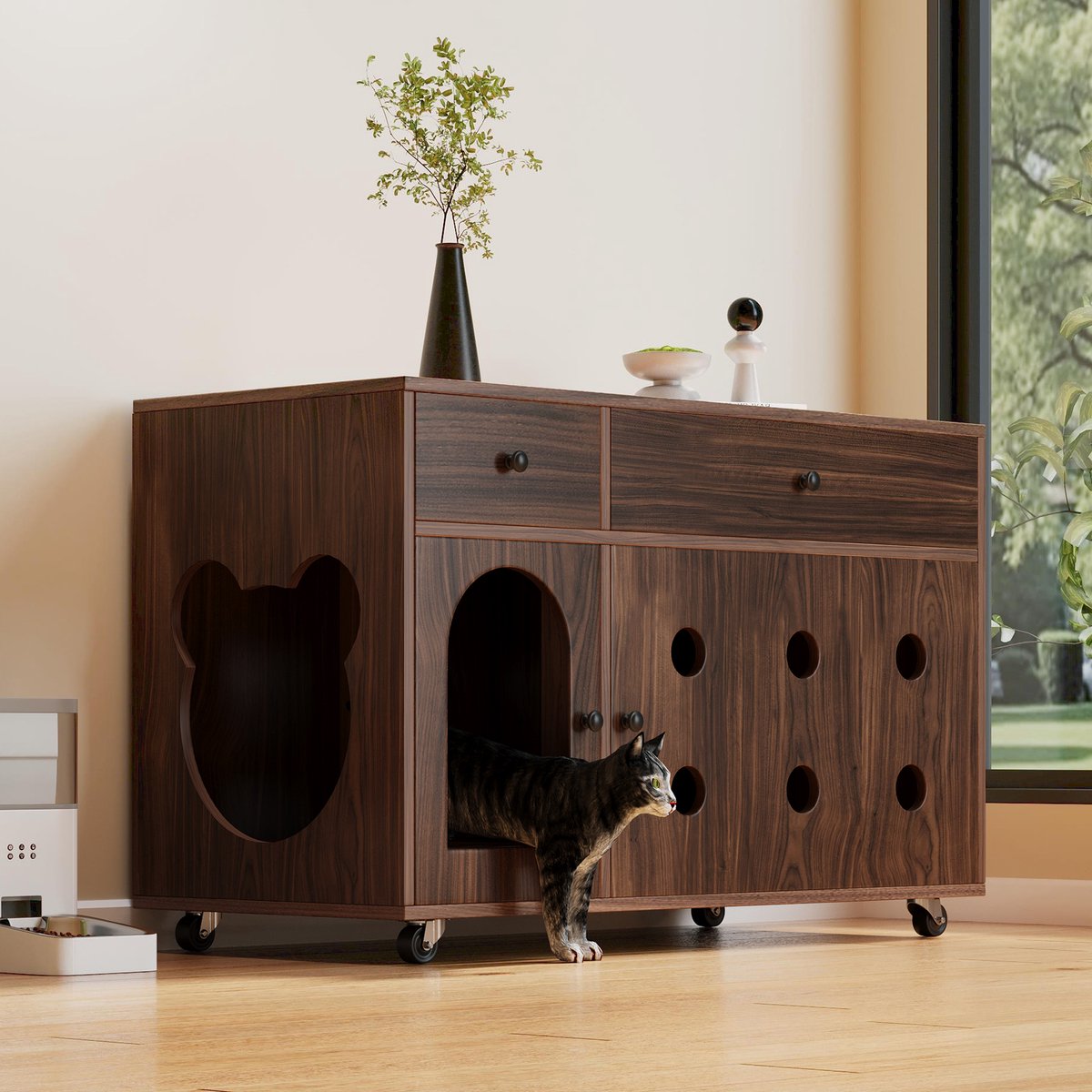 Miniatuur van productfoto 7 van MODENUIT Kattenbakcontainer – 100 x 45 x 66 cm – Walnootkleur – Met Laden, Wieltjes en Ventilatie