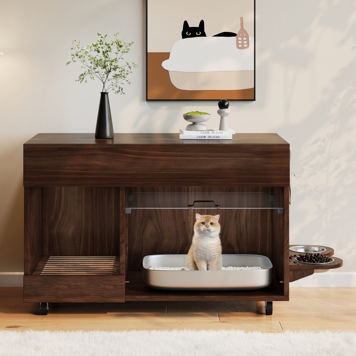 Productfoto 1 van MODENUIT Kattenbakcontainer – 100 x 45,5 x 67 cm – Met Wieltjes en Acryl Deur – MDF – Walnootkleur
