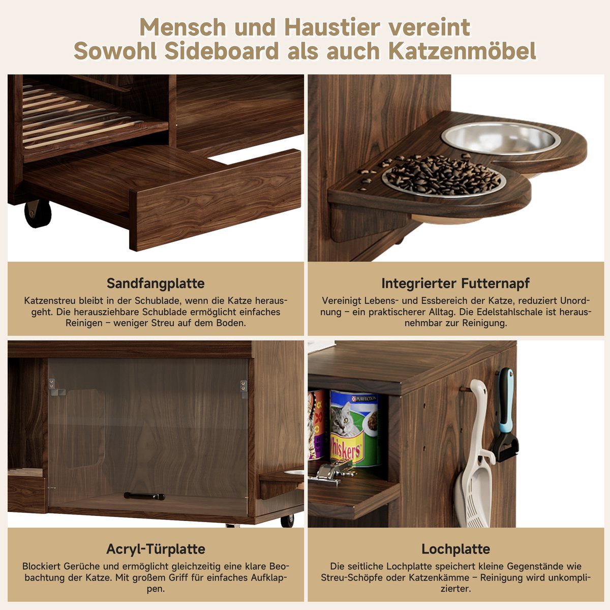 Miniatuur van productfoto 2 van MODENUIT Kattenbakcontainer – 100 x 45,5 x 67 cm – Met Wieltjes en Acryl Deur – MDF – Walnootkleur