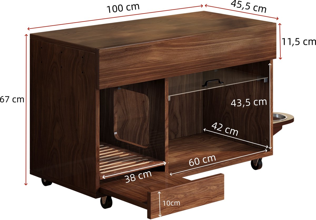 Miniatuur van productfoto 4 van MODENUIT Kattenbakcontainer – 100 x 45,5 x 67 cm – Met Wieltjes en Acryl Deur – MDF – Walnootkleur