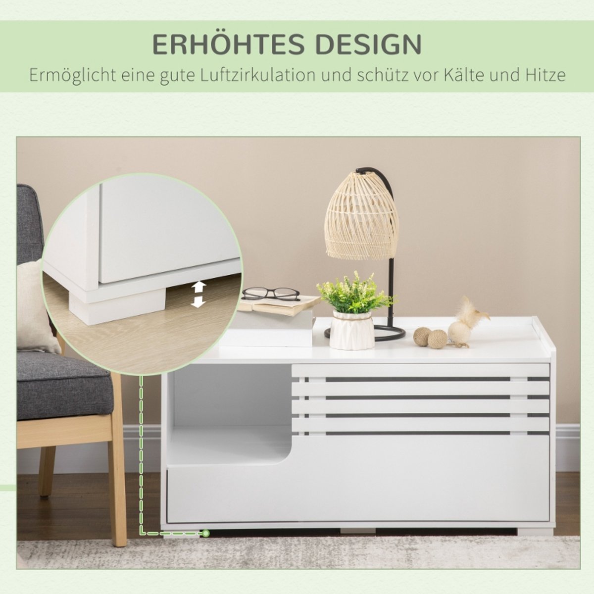 Miniatuur van productfoto 2 van MODENUIT Kattenbakcontainer – 90 x 48 x 43,5 cm – MDF – Wit – Met 2 Planken en Magnetische Deur
