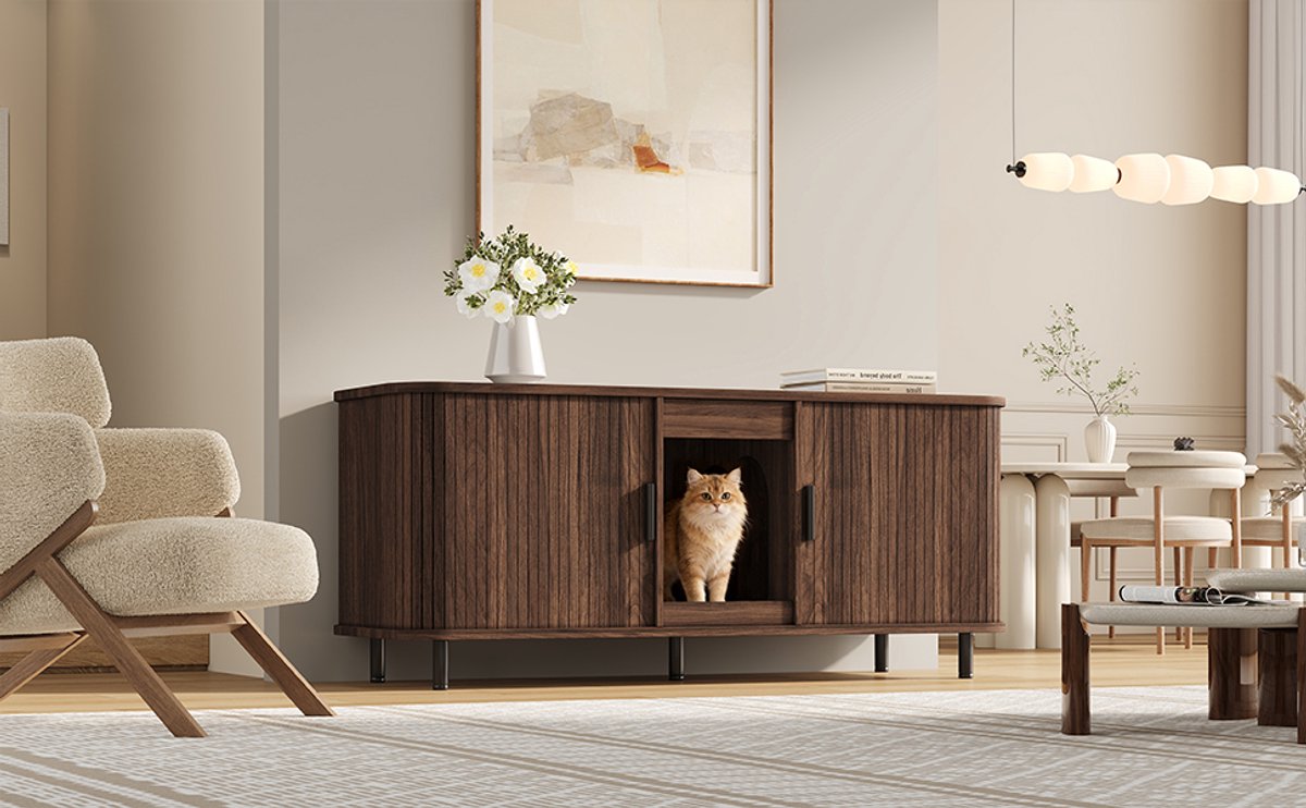 Productfoto 1 van Kattenbakkast – Schuifdeuren – 140 x 50 x 60 cm – MDF – Walnootlook – Voor Twee Kattenbakken