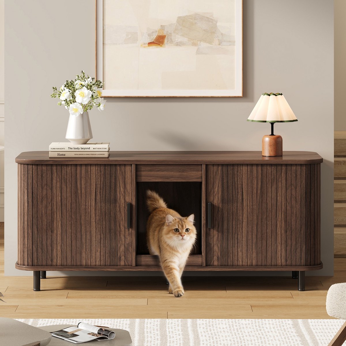 Miniatuur van productfoto 2 van COVREO Kattenbakcontainer 140x50x60 cm - walnootkleur, schuifdeuren, ruimte voor 2 kattenbakken