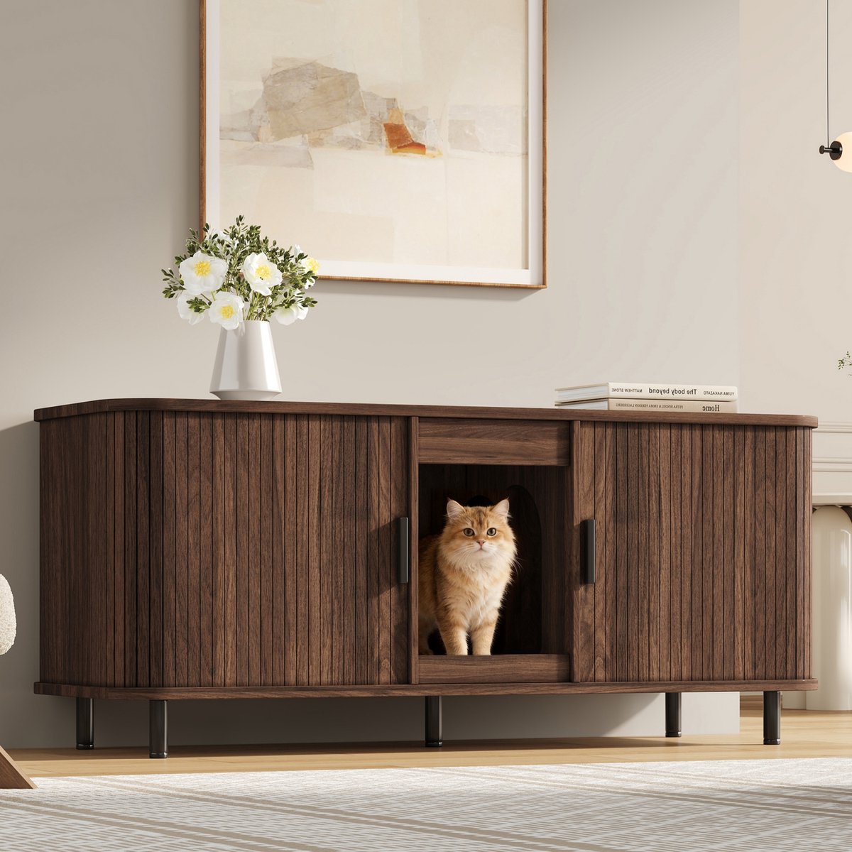 Miniatuur van productfoto 5 van COVREO Kattenbakcontainer 140x50x60 cm - walnootkleur, schuifdeuren, ruimte voor 2 kattenbakken