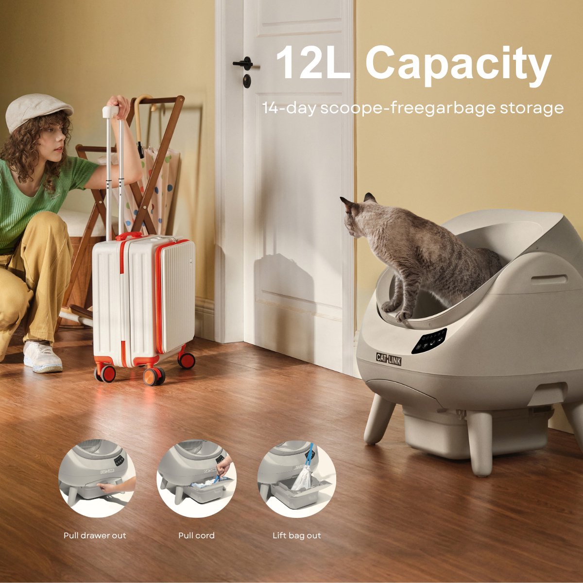 CATLINK C08 Open-X Lite Automatische Kattenbak – Open Design, Zelfreinigend, App-bediening, Geurcontrole, Veilig Sensorsysteem, 12L Afvalbak,voor gebruik door één kat