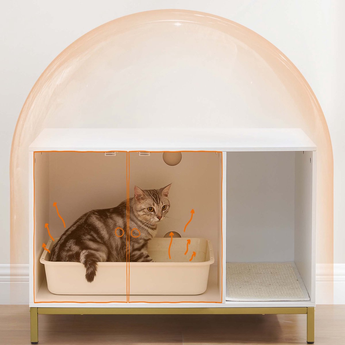 Productfoto 1 van Modern kattenbak meubel Multifunctionele verborgen kattenbak kast 80x50x55cm Wit+Goud Hoge poten ontwerp Gemakkelijk schoon te maken Met krabmat Makkelijk te monteren Stevig houten frame Geschikt voor woonkamer en slaapkamer