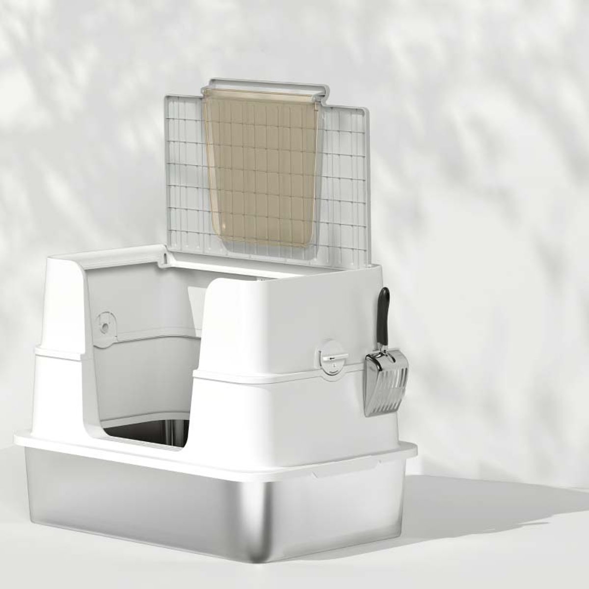 Productfoto 1 van Kattenbak roestvrij staal stevig en duurzaam eenvoudig te reinigen grote capaciteit dubbele opening structuur vermindert geur en kattenbakvulling morsen modulair ontwerp geschikt voor katten tot 15 kg 60,2×40,2×44,5cm grijs