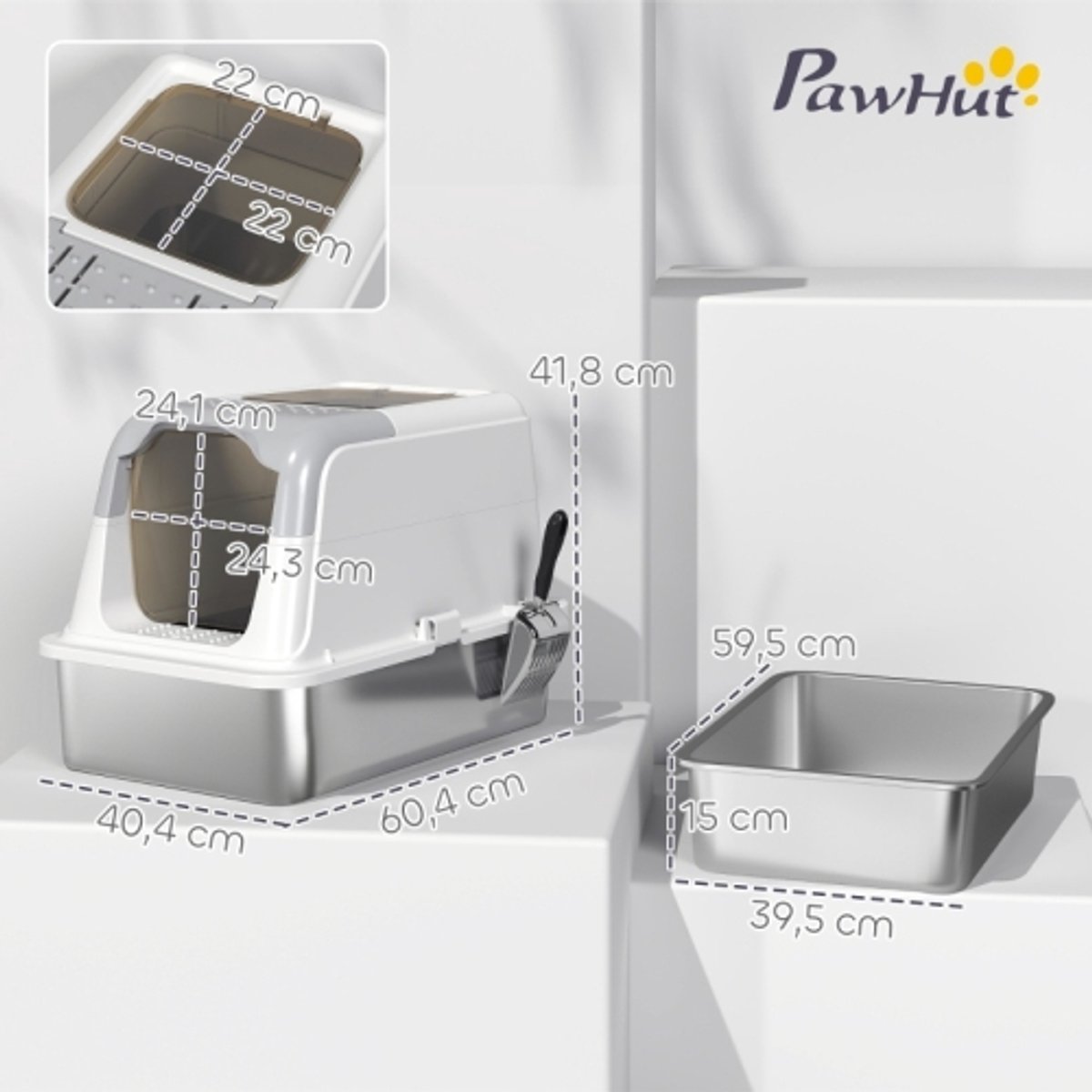 Productfoto 1 van Kattenbak Kattenklo met Deksel en Schep – RVS Kattenbak met Vooringang en Bovenuitgang tot 15 kg Wit 60,4 x 40,4 x 41,8 cm