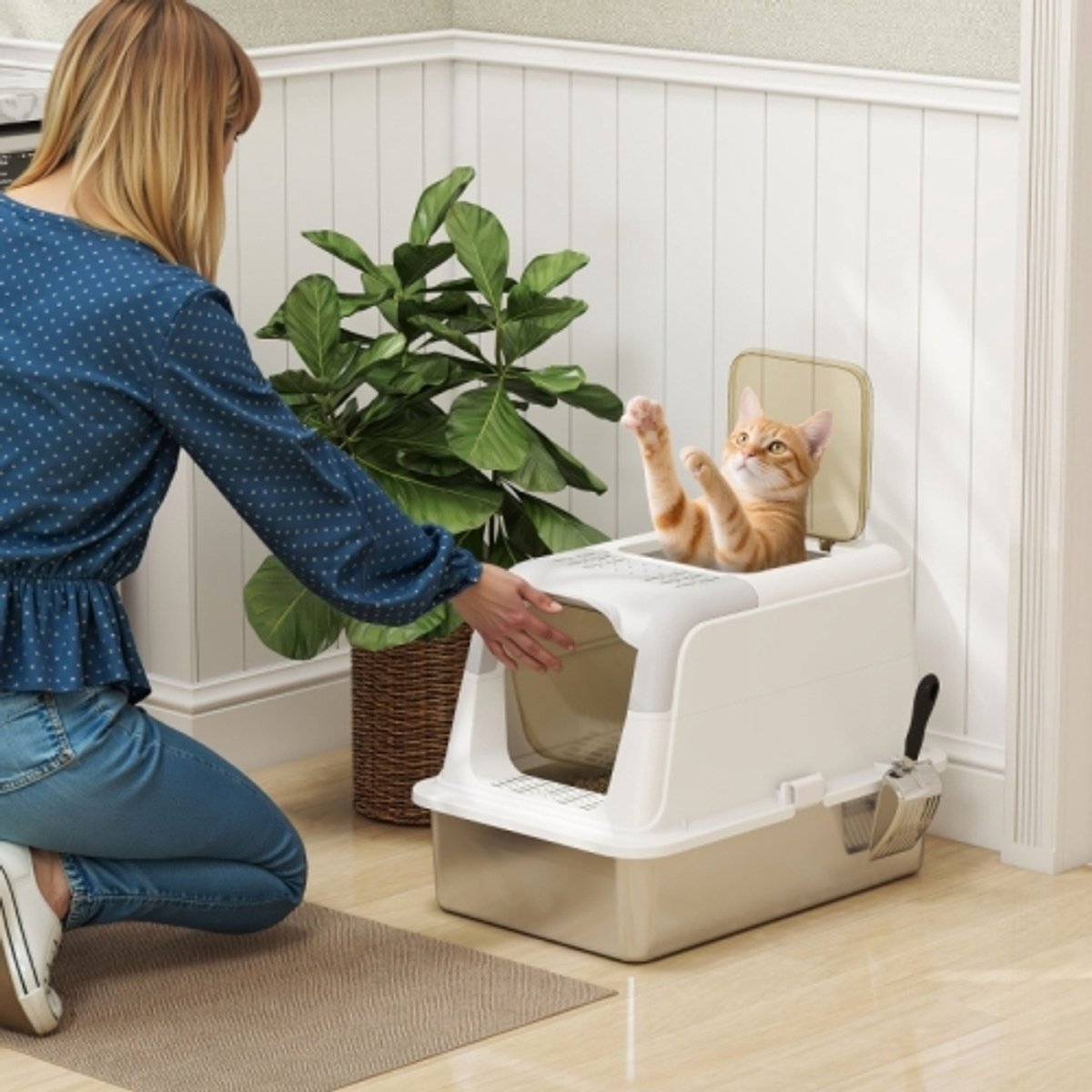 Miniatuur van productfoto 2 van Kattenbak Kattenklo met Deksel en Schep – RVS Kattenbak met Vooringang en Bovenuitgang tot 15 kg Wit 60,4 x 40,4 x 41,8 cm