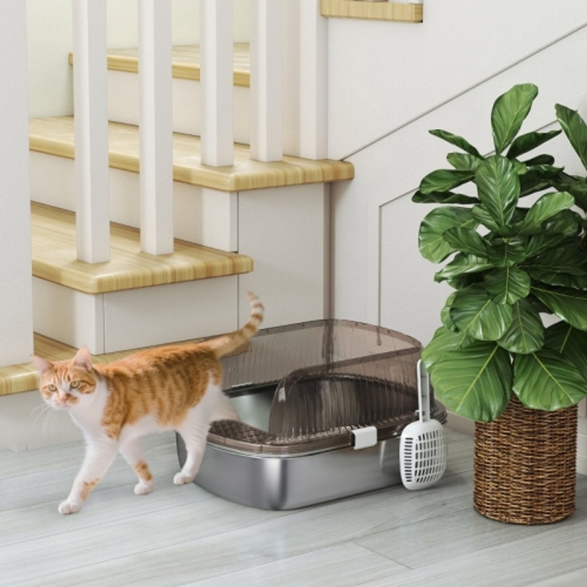 Miniatuur van productfoto 2 van Kattenbak van RVS met Hoge Rand – Kattenklo met Schep voor Grote Katten tot 15 kg Antracietgrijs 53 x 42 x 27 cm