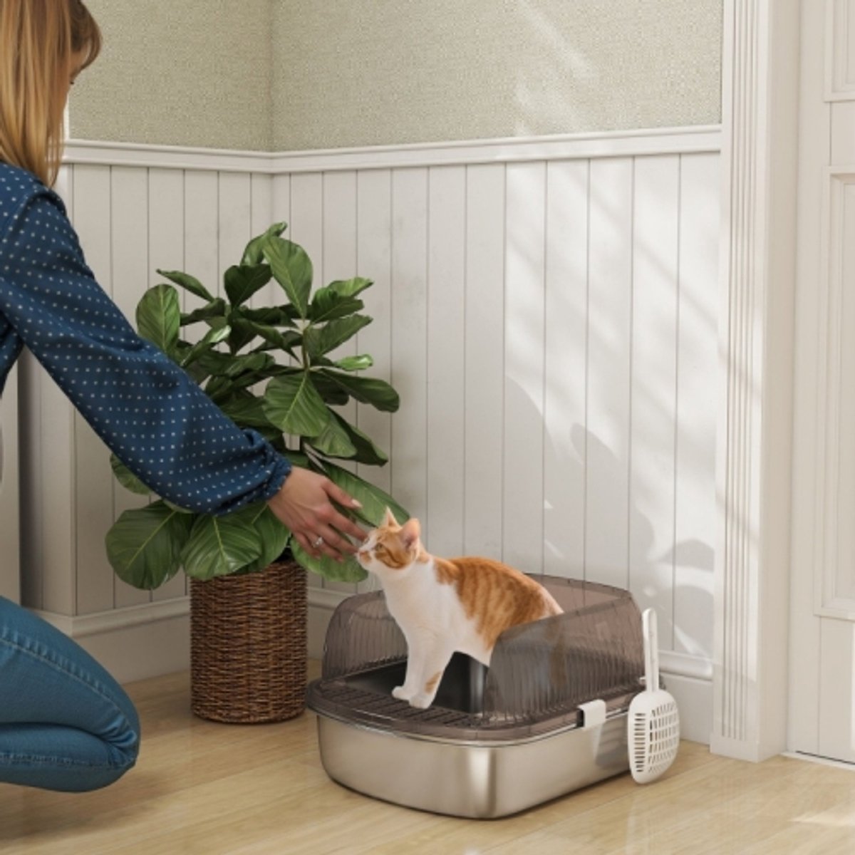 Miniatuur van productfoto 4 van Kattenbak van RVS met Hoge Rand – Kattenklo met Schep voor Grote Katten tot 15 kg Antracietgrijs 53 x 42 x 27 cm