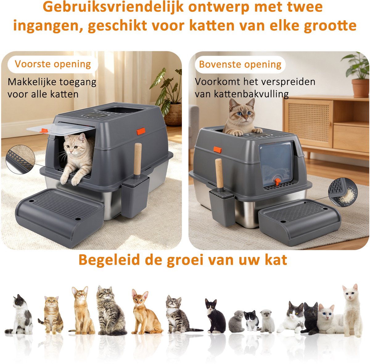 Productfoto 1 van DAITORE Kattenbak RVS - XXL - 36L - Incl. Kattenbakschep & Grit Opvanger - met Desel - Voor Grote & Kleine Katten - Kattentoilet - Donkergrijs