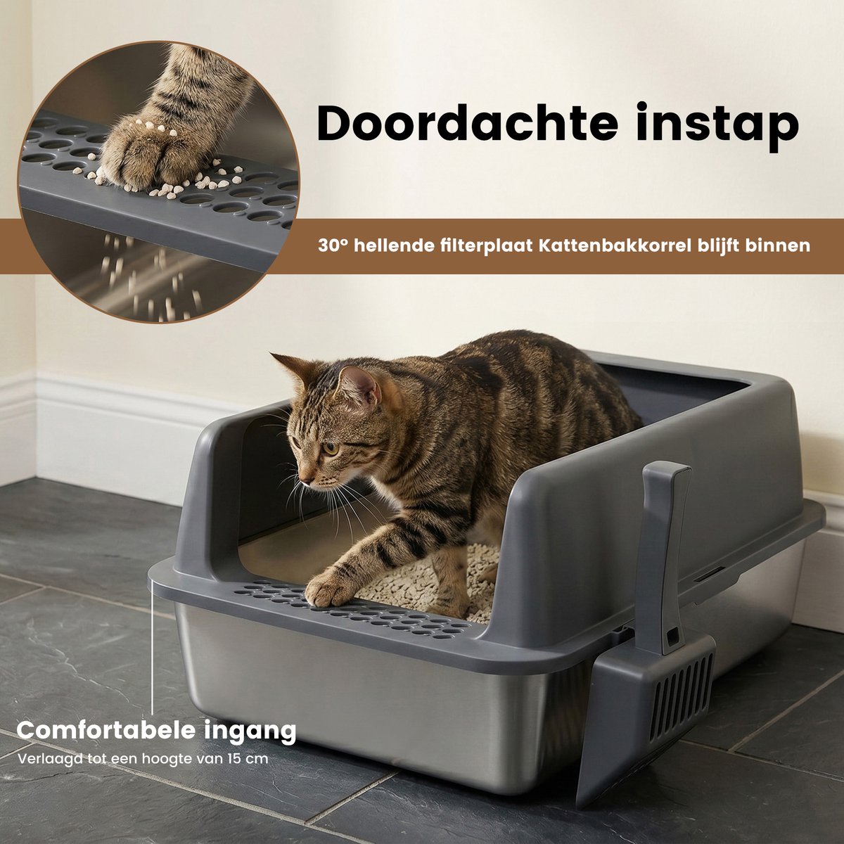 Productfoto 1 van DAITORE Kattenbak RVS - XXL - 58 × 37 × 26cm - Open Kattentoilet met hoge rand - Incl. Kattenbakschep -Geurvrij & Lekvrij - Gemakkelijk schoon te maken - Voor Grote én Kleine Katten - Donkergrijs