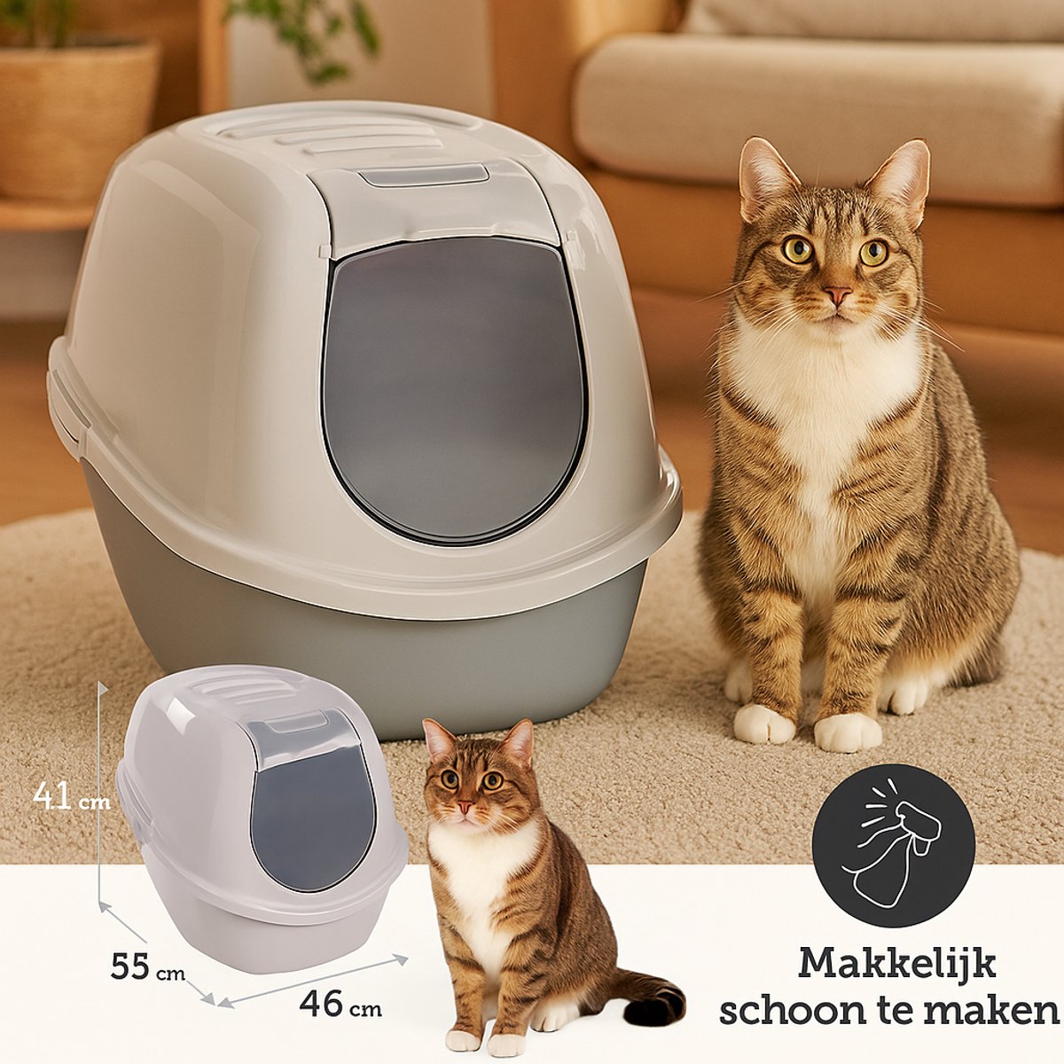 Productfoto 1 van Kattenbak – Flamingo Trini – taupe – maat L – 39x55x41 cm – katten toilet met deksel & koolfilter – geurvrij & recycleerbaar – gemaakt in Europa
