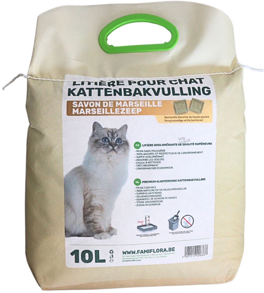 Productfoto 1 van Famiflora Kattenbakvulling Marseille Zeep - 10L - Natuurlijke bentoniet - Sterke geurabsorptie - Houdt de kattenbak langdurig fris dankzij natuurlijke Marseille-zeepgeur die nare geurtjes maskeert