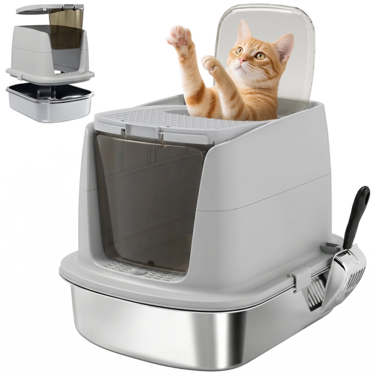 Miniatuur van productfoto 2 van Kattenbak 52,4×41,3×39,8 cm lichtgrijs roestvrij staal kattenbak met deksel katten toilet met vooringang en bovenuitgang inclusief kattenbakschep eenvoudig te reinigen geschikt voor middelgrote en kleine katten