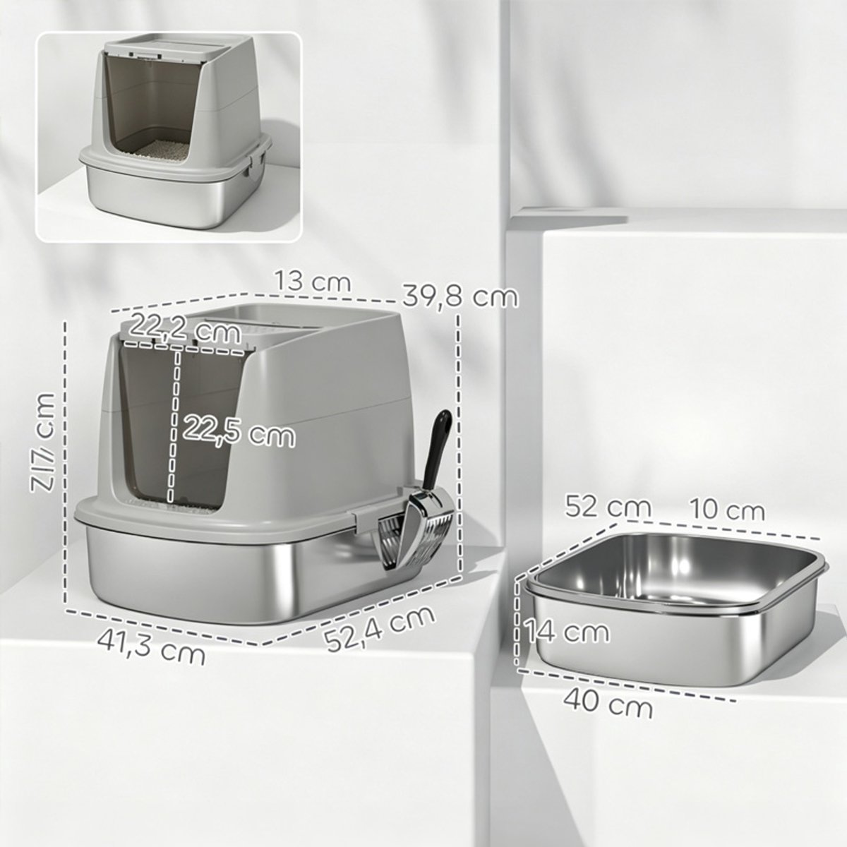 Miniatuur van productfoto 3 van Kattenbak 52,4×41,3×39,8 cm lichtgrijs roestvrij staal kattenbak met deksel katten toilet met vooringang en bovenuitgang inclusief kattenbakschep eenvoudig te reinigen geschikt voor middelgrote en kleine katten
