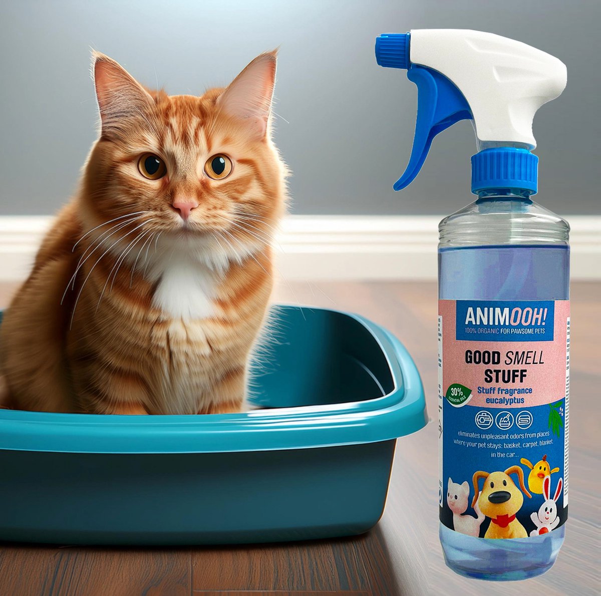 Productfoto 1 van Animooh!, Good Smell Stuff Eucalyptus, 500ml, verwijdert geurtjes uit dekens, manden en ander textiel. Geschikt voor reinigen van knaagdier- en vogelkooien. Frist de kattenbak op en neutraliseert bacteriën. Ondersteunt de luchtwegen van je huisdier.