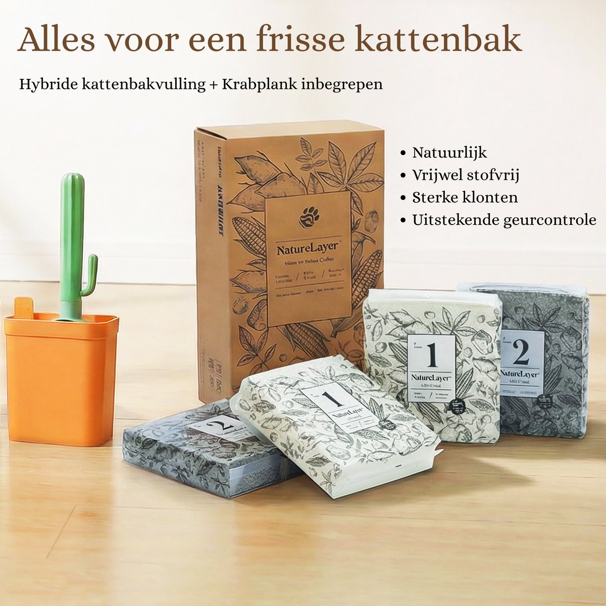 Miniatuur van productfoto 7 van EcoPawPaw NatureLayer Hybride Kattenbakvulling Starterset – Cassave & Bentoniet Kattenbakvulling – 4 Zakken + Kartonnen Krabplank – Stofarm – Sterke Klontvorming – Geurcontrole