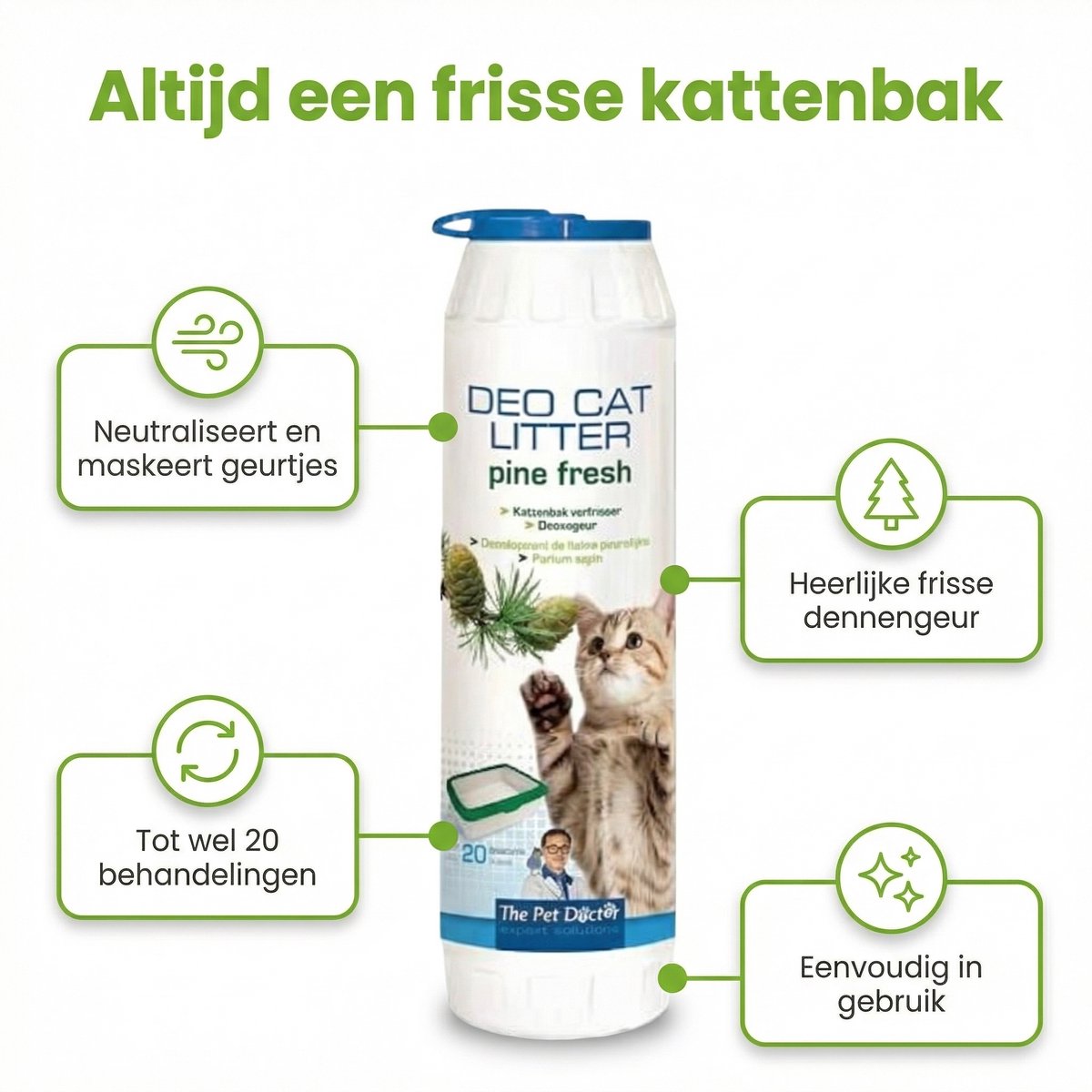 Miniatuur van productfoto 2 van The Pet Doctor – Kattenbak Verfrisser – Deo - Cat Litter Pine Fresh – 750 g - 1 stuk
